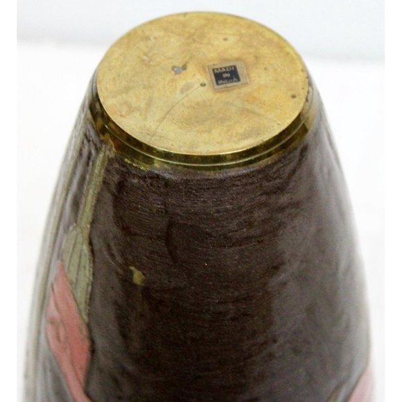 Vtg 80s Cloisonné Brass Vase Pink Lillies Brown Calla Cala Lily Ruffled Rim Top - Picture 8 of 10